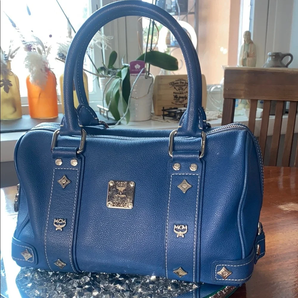 MCM Blue Satchel with Gold Accents with Card of Authenticity Boston style